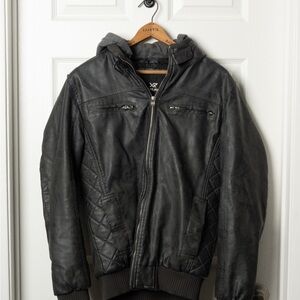 Men's Black Hooded Faux Leather Bomber Jacket XRAY Jeans